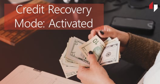 Text reads: Credit Recover Mode Activated, a pair of hands count a wad of cash